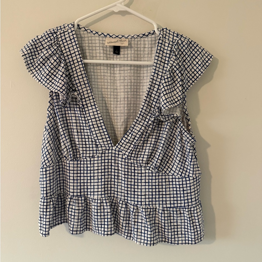 Universal Thread White and Navy Grid Ruffle Sleeve V-Neck Blouse